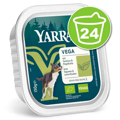 Barquette YARRA VEGA 150 g, recette sans céréales pour chien, avec légumes et cynorrhodon. Labels bio NL-BIO-01 et veggie. Lot de 24 indiqué sur l’icône verte. Barquette YARRA VEGA 150 g, recette sans céréales pour chien, avec légumes et cynorrhodon. Labels bio NL-BIO-01 et veggie. Lot de 24 indiqué sur l’icône verte.