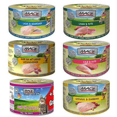 MAC's kattemad dåser med synlig tekst: Lachs & Hühnchen, Lamm & Pute, Huhn pur mit ganzen Geflügelherzen, Kalb & Pute, Huhn und Makrele, Geflügel & Cranberry. 70 % Fleischanteil.