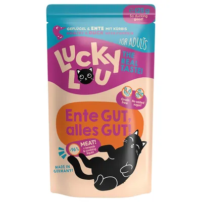 Lucky Lou, Geflügel & Ente mit Kürbis, pour chats adultes, 125 g. Sans céréales, sans sucre ajouté, plus de 96 % viande. Made in Germany. Texte anglais et allemand visible.