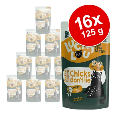Lucky Lou Chicks don't lie, 16x125g, fabricat în Germania, fără cereale, fără adaos de zahăr, 94% carne, organe și lichid de gătit.
