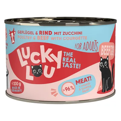 Boîte Lucky Lou pour chats adultes, volaille et bœuf avec courgette, 200 g. Texte visible : 'The real taste!', '>96% meat + innards & cooking liquid', 'Made in Germany!'.