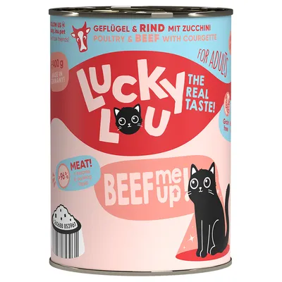 Lucky Lou baromfi és marha cukkinivel, 96% hústartalom, Németországban készült, felnőtt macskáknak, gabonamentes. The Real Taste! Beef me up!