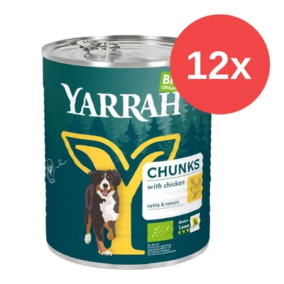 Yarrah Bio-Hundefutter, Chunks mit Huhn, Brennnessel und Tomate. EU-Bio-Zertifikat NL-BIO-01, Beter Leven 3 Sterne. Packung enthält 12 Dosen.