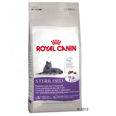 Royal Canin Sterilised 7+ pienso para gatos esterilizados mayores de 7 años. Texto visible: Vitality Support, Weight control, Renal health. Imagen de un gato gris en el envase.