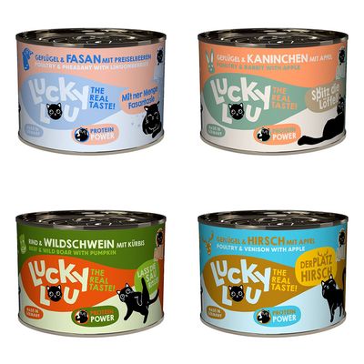 Lucky Lou Geflügel mit Pastinaken, für Erwachsene Katzen. 24x 200g Dosen, über 96% Fleischanteil, Made in Germany.