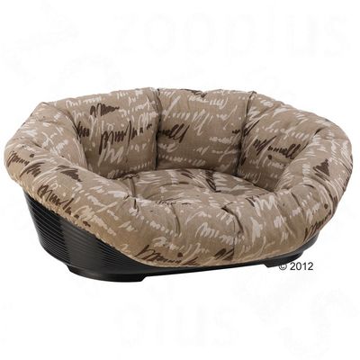 Ronde huisdierenmand met beige, gewatteerd kussen en abstract patroon. Mand heeft een zwarte kunststof basis. Geen merknaam of extra tekst zichtbaar.