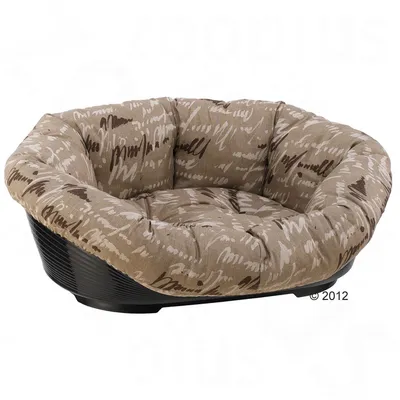 Ronde huisdierenmand met beige, gewatteerd kussen en abstract patroon. Mand heeft een zwarte kunststof basis. Geen merknaam of extra tekst zichtbaar.