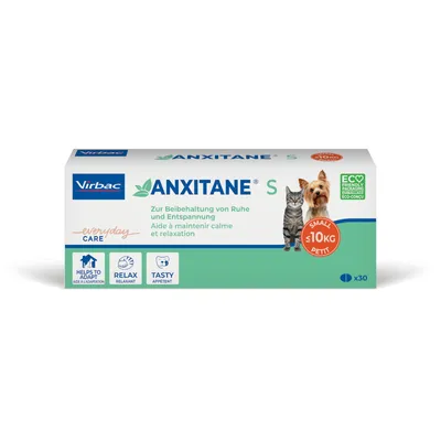 Boîte Virbac ANXITANE S, aide à maintenir calme et relaxation, pour petits animaux <10 kg, 30 comprimés, mentions : aide à l’adaptation, relaxant, appétent, éco-conçu. Boîte Virbac ANXITANE S, aide à maintenir calme et relaxation, pour petits animaux <10 kg, 30 comprimés, mentions : aide à l’adaptation, relaxant, appétent, éco-conçu.