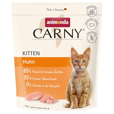 Animonda Carny Kitten piščanec. Izdelano v Nemčiji, 65 % mesa in živalskih sestavin, 35 % svežega piščančjega mesa, 0 % žit v recepturi, brez sladkorja, s svežim mesom, brez žit.