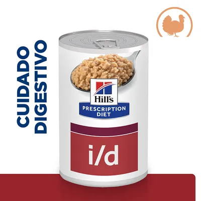 Lata de Hill's Prescription Diet i/d con texto visible: CUIDADO DIGESTIVO. Imagen de comida húmeda y símbolo de pavo en la esquina superior derecha.