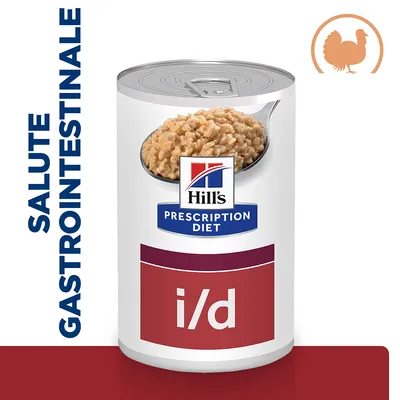 Hill's Prescription Diet i/d, scritta 'SALUTE GASTROINTESTINALE', barattolo con cibo umido e simbolo tacchino arancione visibile in alto a destra. Hill's Prescription Diet i/d, scritta 'SALUTE GASTROINTESTINALE', barattolo con cibo umido e simbolo tacchino arancione visibile in alto a destra.