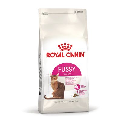 Royal Canin Fussy Exigent karma dla kotów, opakowanie z kotem oraz angielskim tekstem dla wybrednych kotów, Feline Health Nutrition.
