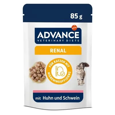 ADVANCE Veterinary Diets RENAL kattenvoer 85 g, Für Katzen mit Niereninsuffizienz, mit Huhn und Schwein. Verpakking toont brokjes en kat.