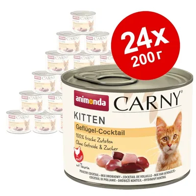 Комплект 24 консерви по 200 г Animonda Carny Kitten Geflügel-Cocktail. Видими надписи: 100% frische Zutaten, Ohne Getreide & Zucker, с изображение на коте и парчета месо. Комплект 24 консерви по 200 г Animonda Carny Kitten Geflügel-Cocktail. Видими надписи: 100% frische Zutaten, Ohne Getreide & Zucker, с изображение на коте и парчета месо.