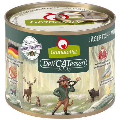 GranataPet DeliCATessen Jägertopf, Limited Winteredition. Fremstillet i Tyskland, uden korn, ingen dyreforsøg. Granatæblekerner, grønlæbet musling, lakseolie synligt på dåsen.