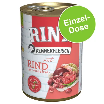 Rinti Kennerfleisch mit Rind, getreidefrei, Einzel-Dose, Abbildung von Fleischstücken und Gemüse auf der Verpackung