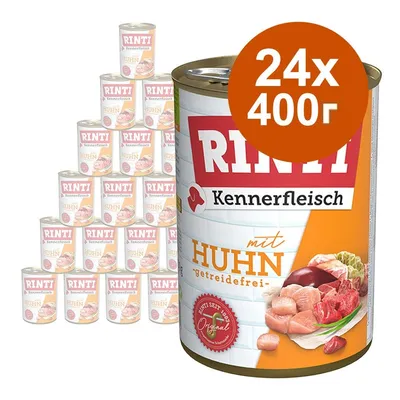 RINTI Kennerfleisch mit Huhn, getreidefrei. Комплект 24 консерви по 400 г. Видими парчета месо и зеленчуци на етикета.