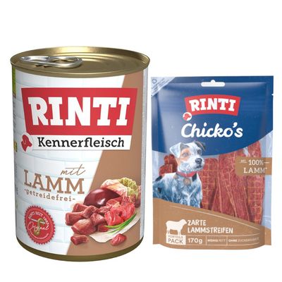 RINTI Kennerfleisch mit Rind, getreidefrei. RINTI Chicko herzhafte Rindstreifen, 170g, 100% Rind. Orangefarbener Kreis mit Text 'Jetzt testen!'.