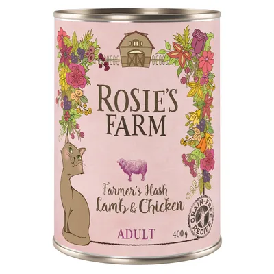 Rosie's Farm mokré krmivo pro kočky, varianta Farmer's Hash s jehněčím a kuřecím, pro dospělé, 400g, bezobilná receptura.