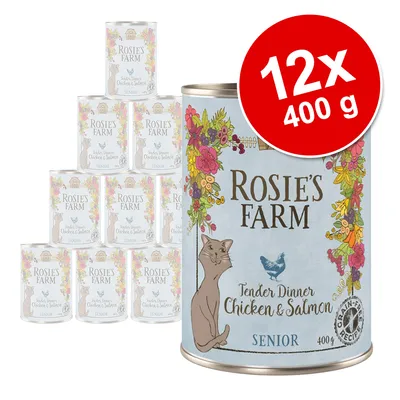 Rosie's Farm Tender Dinner Chicken & Salmon Senior, 12 Dosen à 400g, Grain-Free Recipe. Abbildung der Produktverpackung mit Katze und Blumenmotiv.