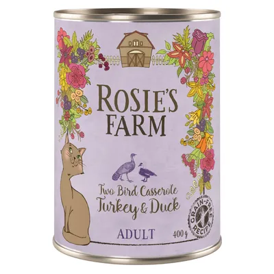 Rosie's Farm Two Bird Casserole kalkun og and, voksen, 400g, kornfri opskrift. Lilla dåse med blomstermotiv og kat.