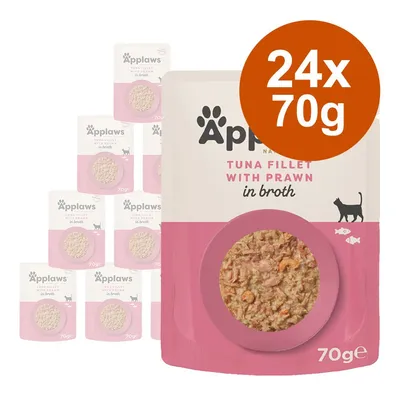 Συσκευασία Applaws Tuna Fillet with Prawn in broth για γάτες, 24 φακελάκια των 70g. Ορατό περιεχόμενο τροφής και κείμενο στα αγγλικά στη συσκευασία.
