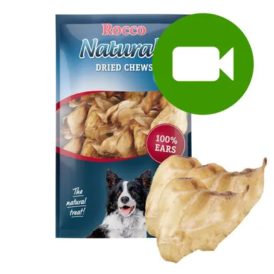 Przycisk odtwarzania wideo. Kliknij tutaj, aby obejrzeć film dotyczący produktu Rocco Natural Dried Chews 100% Ears.