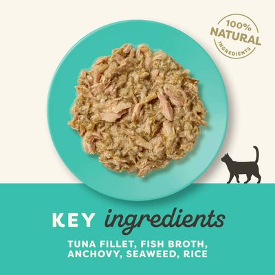 Applaws Tuna Fillet with Prawn in Broth macskatáplálék, 24×70 g tasakos kiszerelés, csomagoláson angol feliratok és macska sziluett látható.