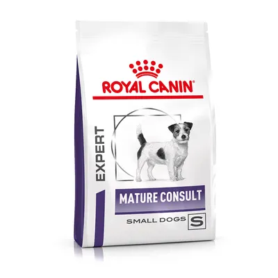 Royal Canin Expert Mature Consult Small Dogs S hondenvoer verpakking met afbeelding van kleine hond en paarse accenten. Tekst: MATURE CONSULT, SMALL DOGS, EXPERT.