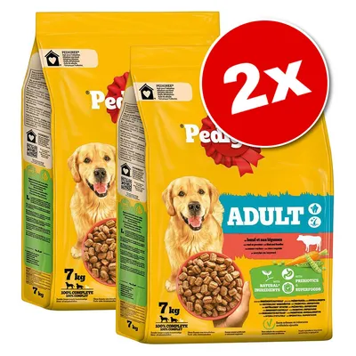 Lot de 2 sacs Pedigree Adult, 7 kg chacun, croquettes pour chien. Texte visible : 'ADULT', '100% COMPLETE', 'with natural ingredients', 'prebiotics', 'superfoods', illustration bœuf.