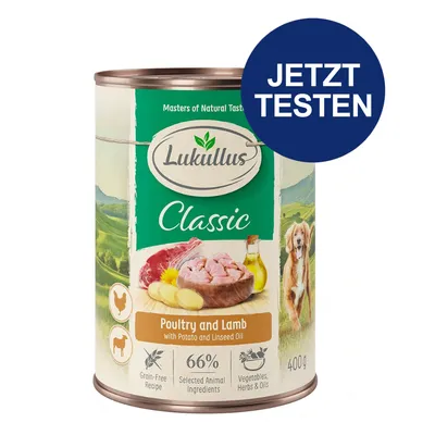 Lukullus Classic Nassfutter, Sorte Geflügel und Lamm mit Kartoffeln und Leinöl, 66% ausgewählte tierische Zutaten, getreidefrei, Gemüse, Kräuter & Öle. Jetzt testen.
