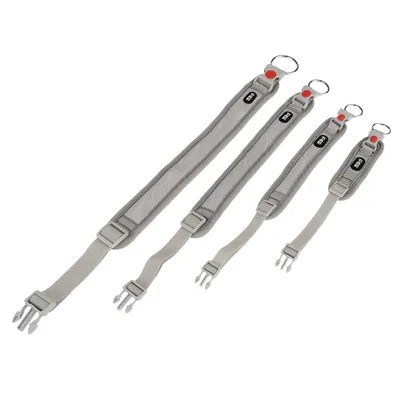 Vier graue verstellbare Gurte mit Schnallen und Metallringen, verschiedene Grössen. Markenlogo 'Trixie' sichtbar auf jedem Gurt. Vier graue verstellbare Gurte mit Schnallen und Metallringen, verschiedene Grössen. Markenlogo 'Trixie' sichtbar auf jedem Gurt.