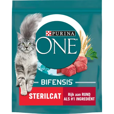 Purina ONE Bifensis Sterilcat kattenvoer, rijk aan rund als #1 ingrediënt. Afbeelding van kat, vlees, graan en groente op de verpakking. Purina ONE Bifensis Sterilcat kattenvoer, rijk aan rund als #1 ingrediënt. Afbeelding van kat, vlees, graan en groente op de verpakking.