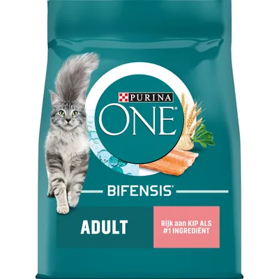 Purina ONE Bifensis Adult kattenvoer, rijk aan kip als #1 ingrediënt, afbeelding van kat, tarwe en kip op de verpakking zichtbaar. Purina ONE Bifensis Adult kattenvoer, rijk aan kip als #1 ingrediënt, afbeelding van kat, tarwe en kip op de verpakking zichtbaar.