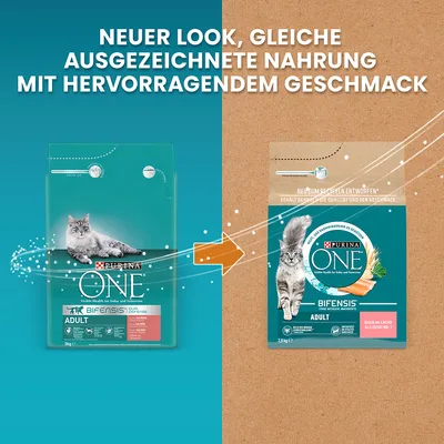 Purina ONE Adult Katzenfutter. Neuer Look, gleiche ausgezeichnete Nahrung mit hervorragendem Geschmack. Links alte Verpackung, rechts neue Verpackung mit Lachs als Zutat Nr. 1.
