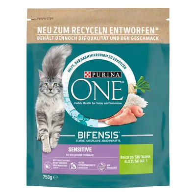 Purina ONE Bifensis Sensitive корм для кошек, с индейкой как ингредиент №1, для здорового пищеварения, 750 г, новая перерабатываемая упаковка.