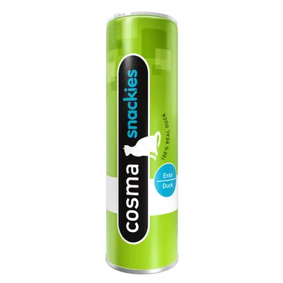 cosma snackies, 100% real duck, Ente Duck op groene verpakking met kattenpictogram zichtbaar cosma snackies, 100% real duck, Ente Duck op groene verpakking met kattenpictogram zichtbaar