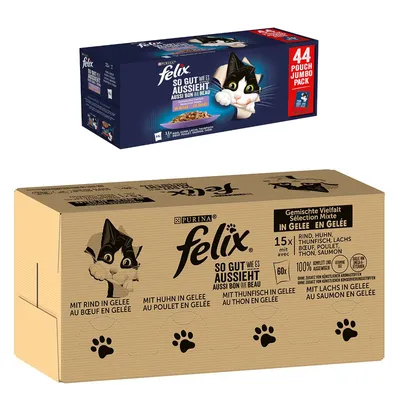 44 x 85 g gratis! 120 x 85 g/120 x 80 g Pachet Jumbo Felix + 44 x 85 g hrană umedă pentru pisici - 120x85 g Amestec de carne II (vită, somon, pui, ton) + 44x85 g Pui, vită, ton, somon
