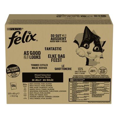Purina Felix As Good As It Looks. 120 pouches with beef, chicken, tuna and salmon in jelly. 100% balanced ingredients without artificial flavourings.