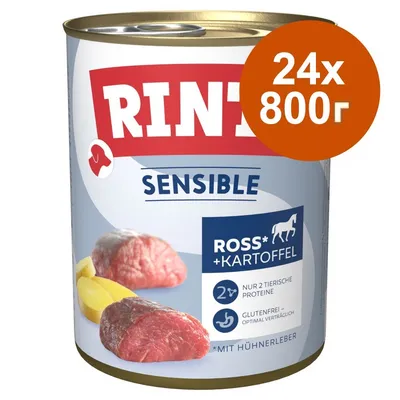 Консерва Rinti Sensible Ross + Kartoffel, 24×800 г. Видими текстове: Nur 2 tierische Proteine, Glutenfrei – optimal verträglich, mit Hühnerleber.