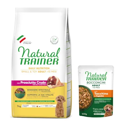 7 kg Natural Trainer tørfoder + 6 x 100 g passende vådfoder gratis! - Adult Small & Toy Skinke & Ris (7 kg) + Truthahn (6 x 100 g)