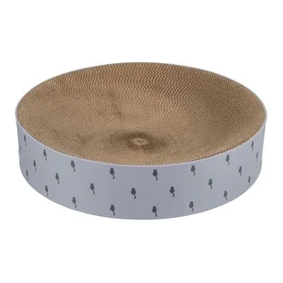 Ronde krabkarton van bruin golfkarton met witte zijkant, bedrukt met zwarte kattenfiguren. Geen merknaam zichtbaar. Ronde krabkarton van bruin golfkarton met witte zijkant, bedrukt met zwarte kattenfiguren. Geen merknaam zichtbaar.