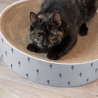 Zwarte kat op ronde krabkarton van golfkarton met grijze rand en zwarte kattenfiguren, geplaatst op houten vloer. Materiaal: karton.