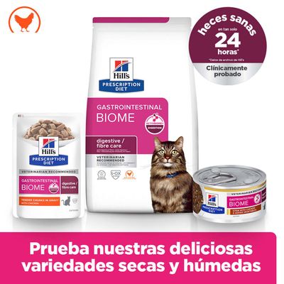 Hill's Prescription Diet Gastrointestinal Biome alimento para gatos, seco y húmedo, con pollo. Clínicamente probado para unas heces saludables en 24 horas. Pruebe diferentes variedades.