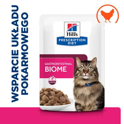 Hill's Prescription Diet Gastrointestinal Biome pokarm dla kotów z kurczakiem, wspomaganie układu trawiennego, ilustracja kota i miski z pokarmem.