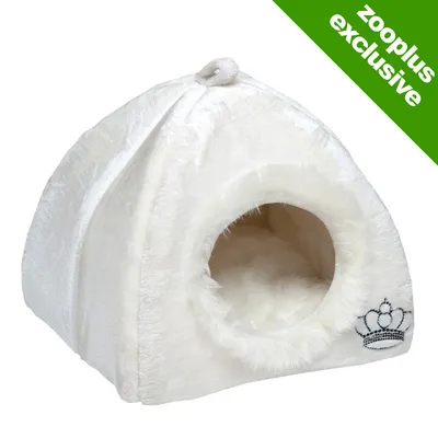 White plush pet igloo bed with round entrance and embroidered crown detail, zooplus exclusive text in green corner