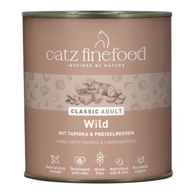 Catz Finefood Classic Nr. 15, пиле и фазан, естествено добро, без добавена захар, без зърнени храни, без тестове върху животни, 93% месо, видими съставки и анализ на опаковката.