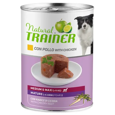 Natural Trainer dog food with chicken, suitable for medium and large dogs (>11kg) from 6 years. Contains chicory root. Shown: food piece on plate.