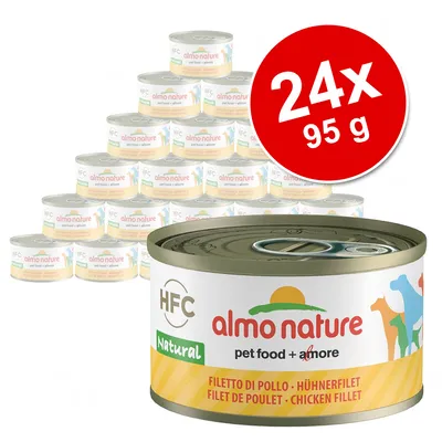 Zestaw 24 puszek po 95 g Almo Nature HFC Natural filet z kurczaka, widoczne logo i tekst: pet food + amore, filet di pollo, chicken fillet.