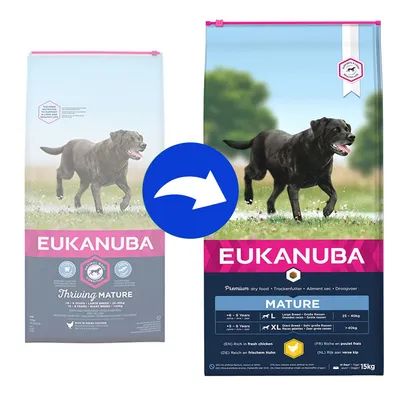 Confronto tra due confezioni di crocchette per cani Eukanuba Mature, con cane nero in primo piano e testo visibile: 'EUKANUBA', 'MATURE', indicazioni taglia e peso, sacco da 15 kg. Confronto tra due confezioni di crocchette per cani Eukanuba Mature, con cane nero in primo piano e testo visibile: 'EUKANUBA', 'MATURE', indicazioni taglia e peso, sacco da 15 kg.